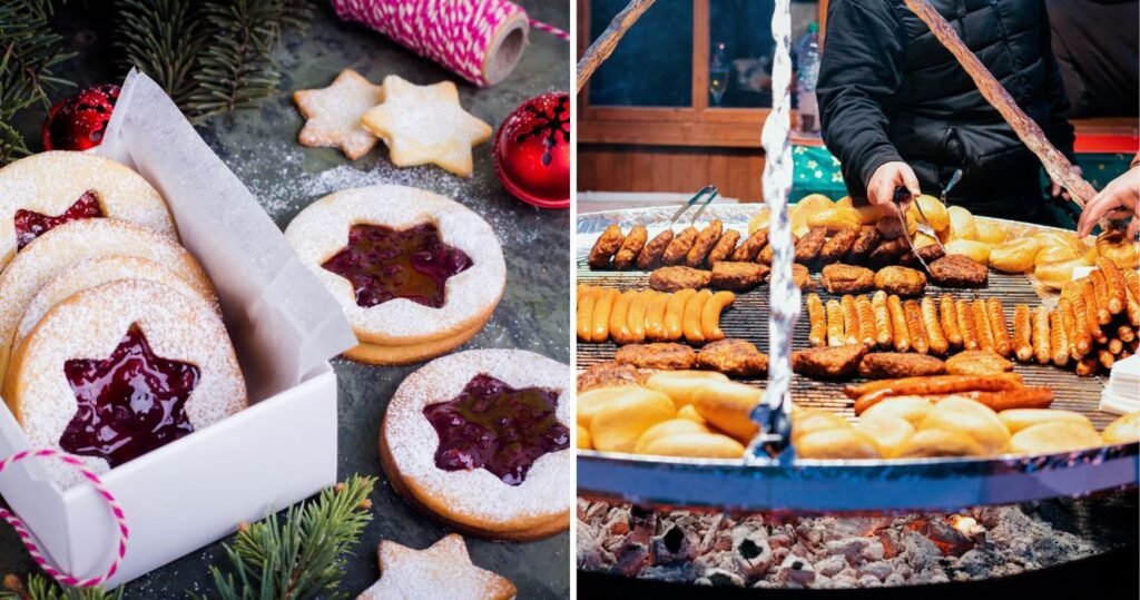 linzer tarts wrapped up like a gift, a food vendor cooking bratwurst at a christmas market in austria