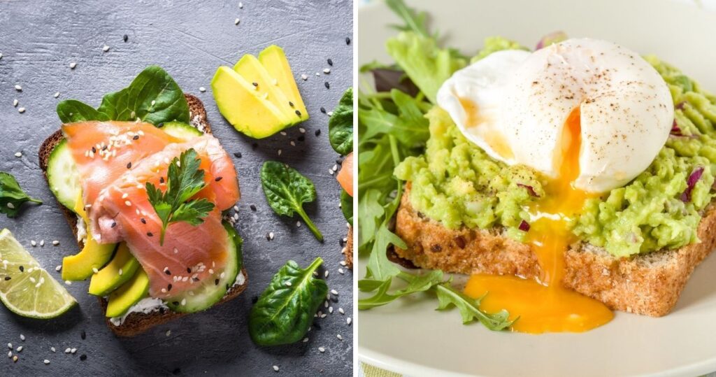avocado toast with salmon, avocado toast with a poached egg