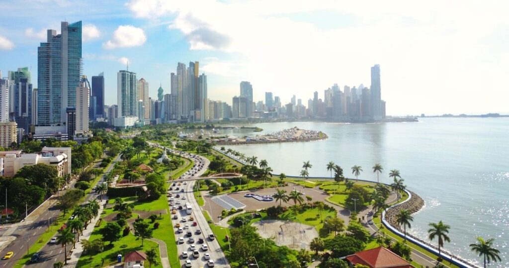 an aerial view of the panama city waterfront