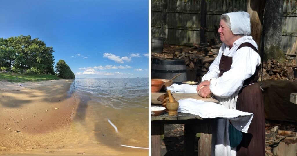 historic jamestowne shoreline, a reenactor at historic jamestowne