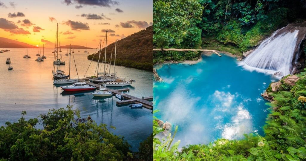 sunset over the british islands, a waterfall in jamaica
