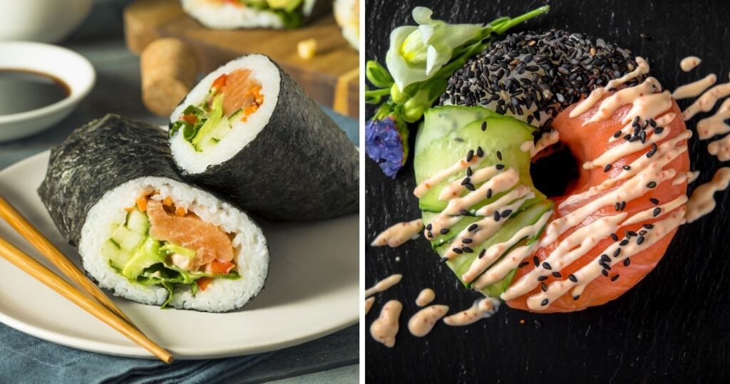 a sushi burrito and a sushi donut