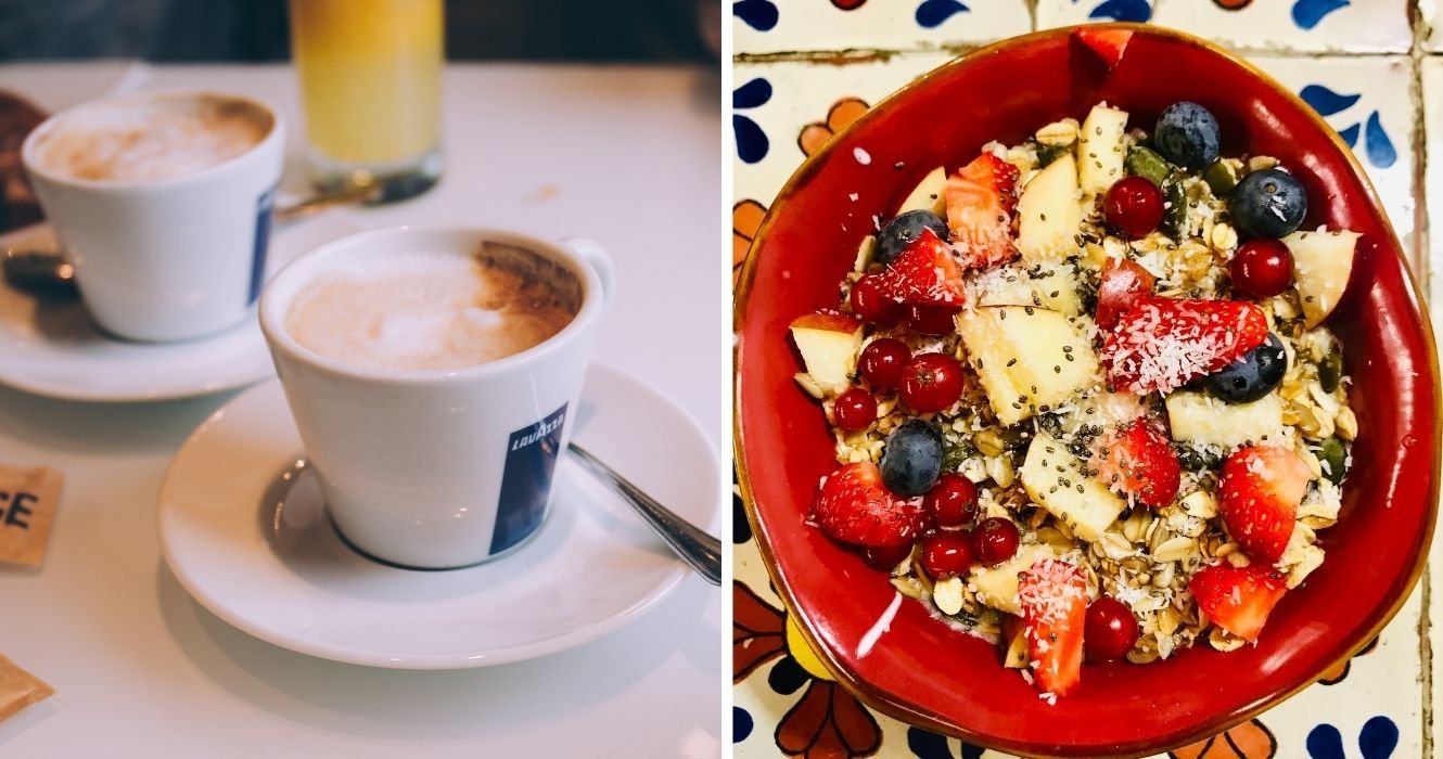 duas xícaras de café expresso, uma tigela de frutas e iogurte na itália