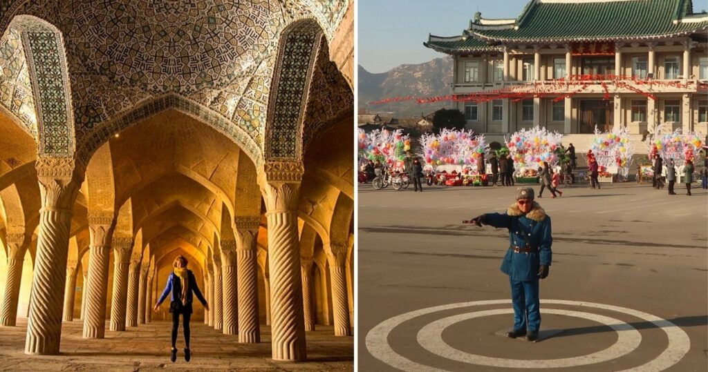 a tourist walks around a sacred building in iran, a north korean tour guide directs someone