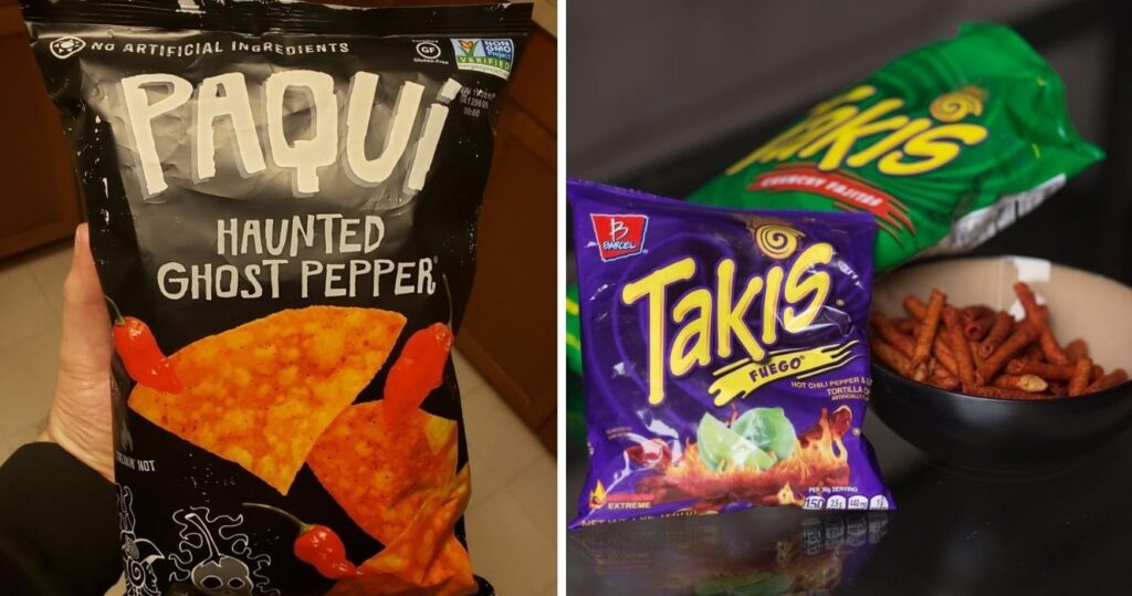 a bag of paqui ghost pepper chips, a variety of spicy takis chips