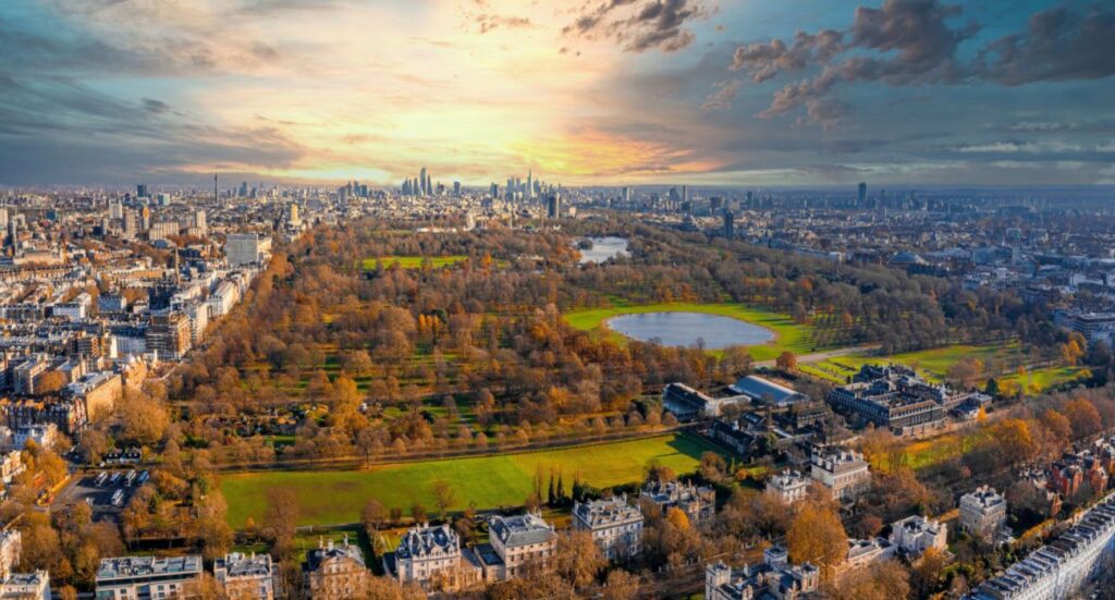 Beautiful aerial London view from above with the Hyde park
