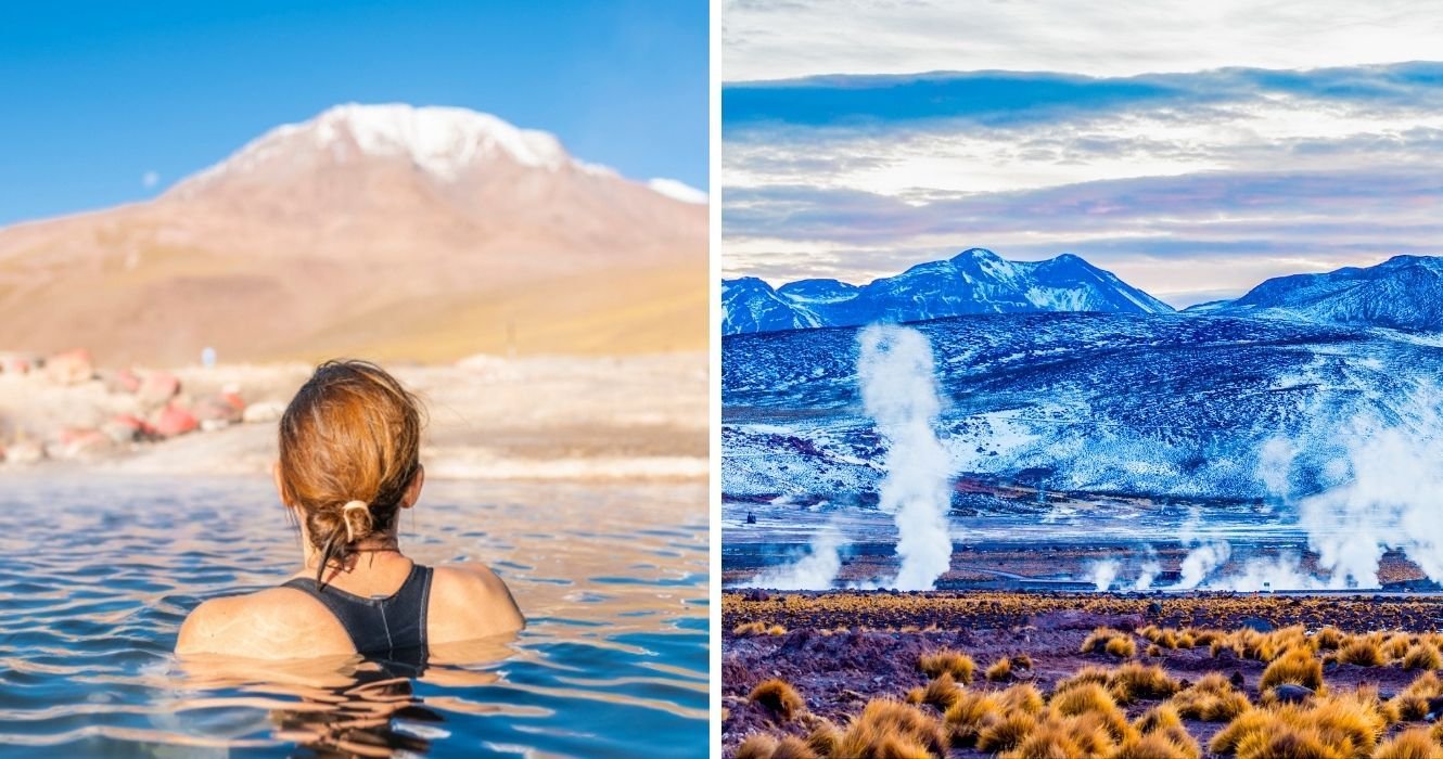 uma mulher em uma fonte termal em el tatio