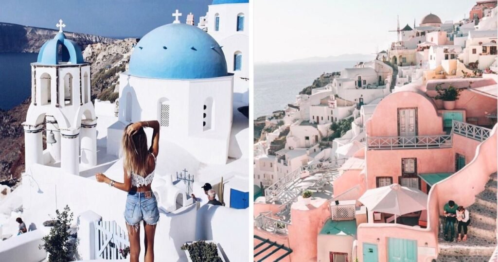 a girl stands on an overlook in mykonos, a couple sits on the steps in santorini